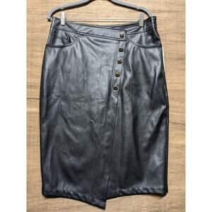 Vegan Leather Midi Skirt Black Women's Size XL Side Zip Faux Buttons Lined NWT